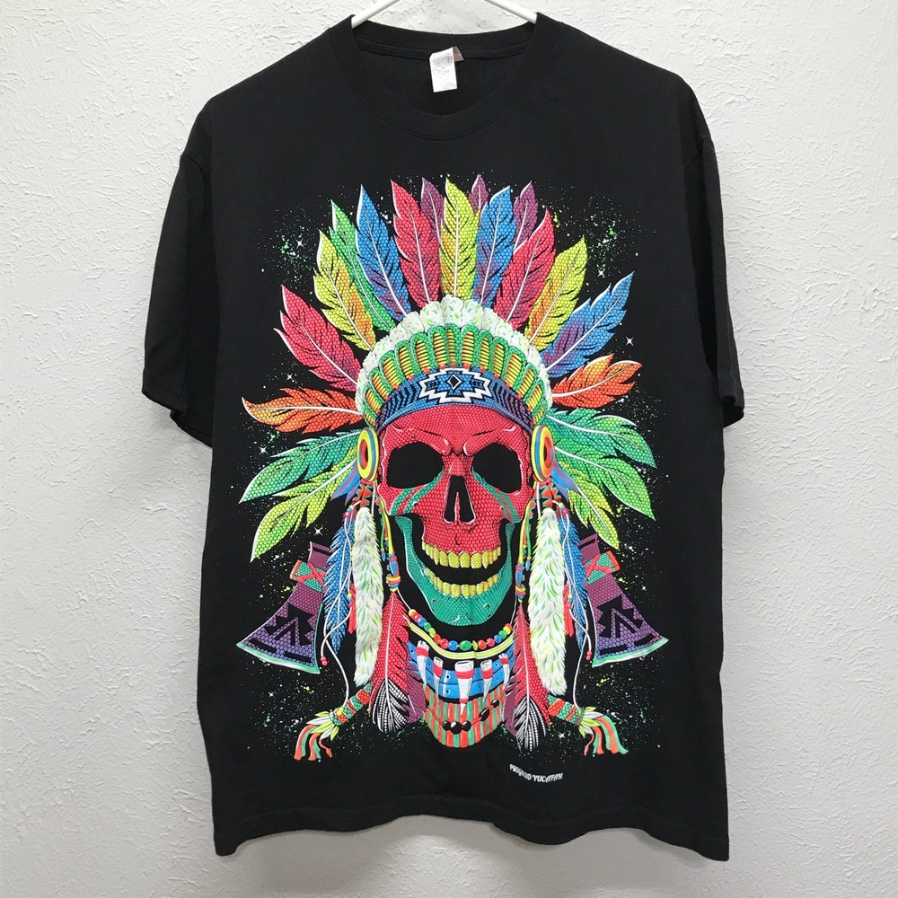 Euro‎ Cotton T-Shirt Mens L Black Skull Headdress Progreso Yucatan Graphic Glows